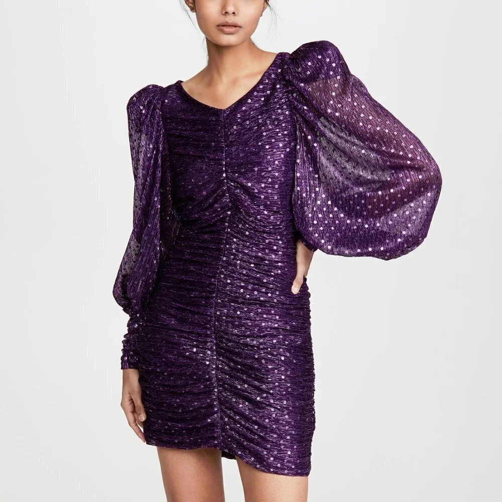 NWT For Love & Lemons purple polka dot mini holiday dress, XS - Picture 5 of 13